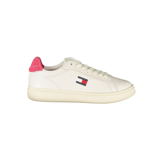 Athletic Sneakers by Tommy Hilfiger for women in polyester polyethylene leather fuchsia, white & signature presents a sleek silhouette, perfectly capturing the athletic style essence of Women's Athletic Polyester Polyethylene Leather Sneakers with its sleek design and premium finish.
