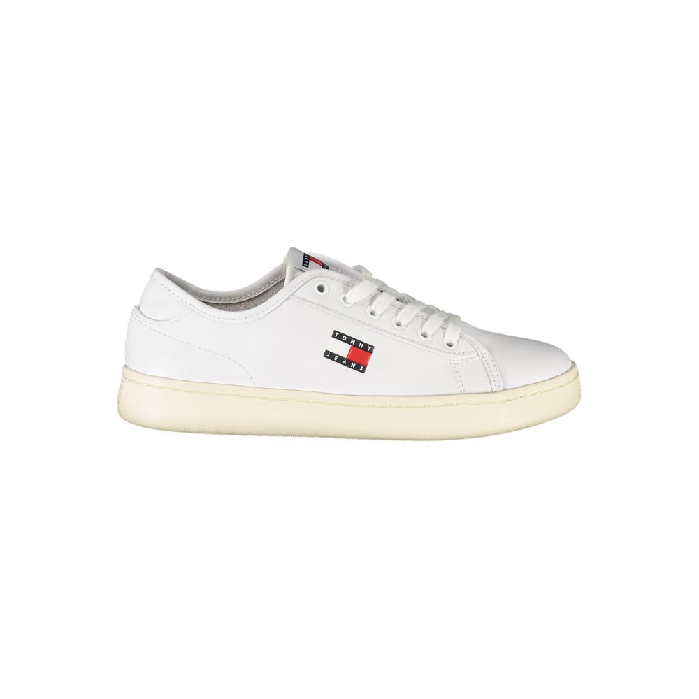 Athletic Sneakers by Tommy Hilfiger for women in polyethylene leather white showcases a architectural silhouette, artfully capturing the essence of the Essence Women's Athletic Polyethylene Leather Sneakers with its signature architectural athletic style construction.