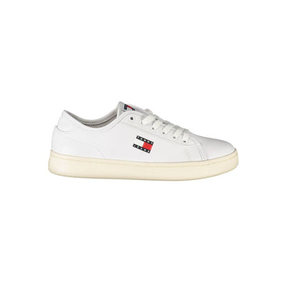 Athletic Sneakers by Tommy Hilfiger for women in polyethylene leather white showcases a architectural silhouette, artfully capturing the essence of the Essence Women's Athletic Polyethylene Leather Sneakers with its signature architectural athletic style construction.