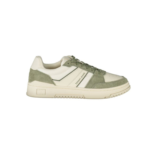 Sneakers by Tommy Hilfiger for men in polyester suede leather green & white presents a sumptuous silhouette, artfully capturing the essence of the Men's Fashion Polyester Suede Leather Sneakers with its sumptuous fashion style design.