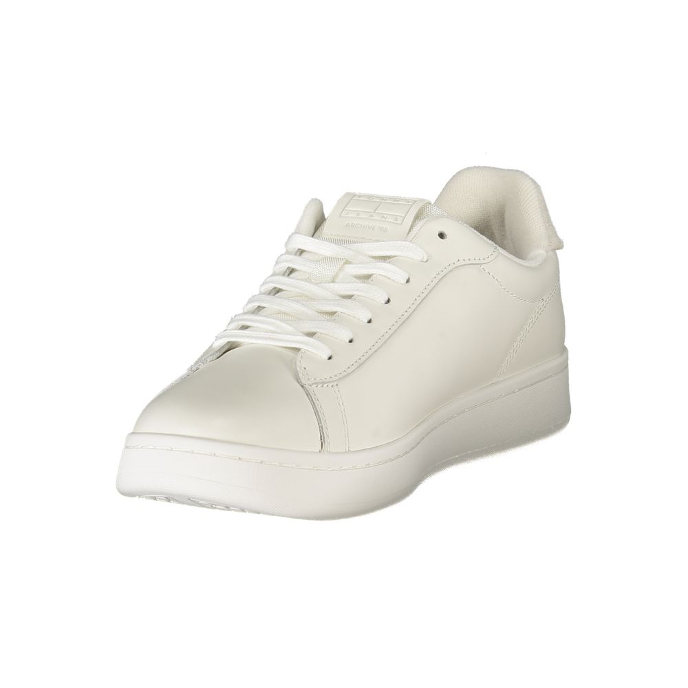 Athletic Sneakers by Tommy Hilfiger for men in polyester polyethylene leather gray, white & signature features an architectural silhouette, showcasing the premium athletic style of the Men's Athletic Polyester Polyethylene Leather Sneakers with an architectural finish.