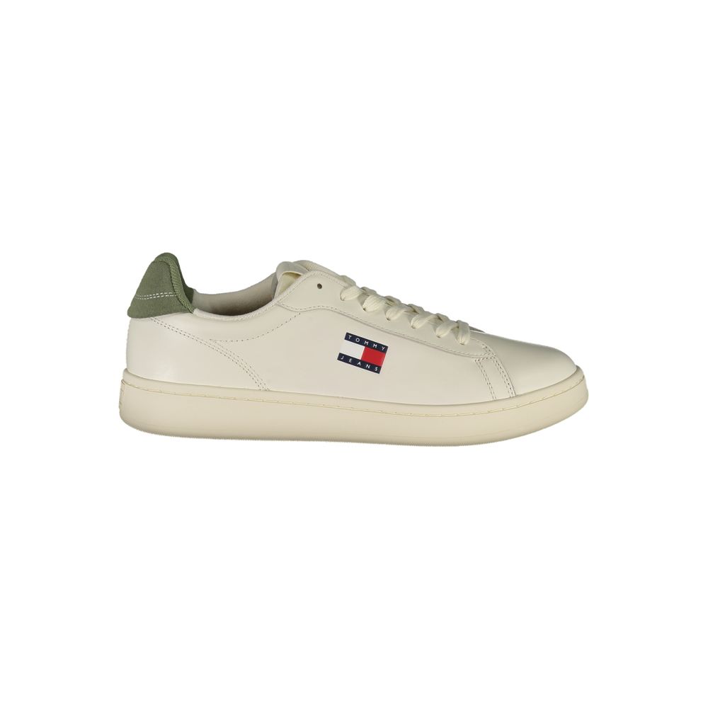 Sneakers by Tommy Hilfiger for men in polyester polyurethane leather green & white presents a sumptuous silhouette, artfully capturing the essence of the Men's Fashion Polyester Polyurethane Leather Sneakers with its sumptuous fashion style design.