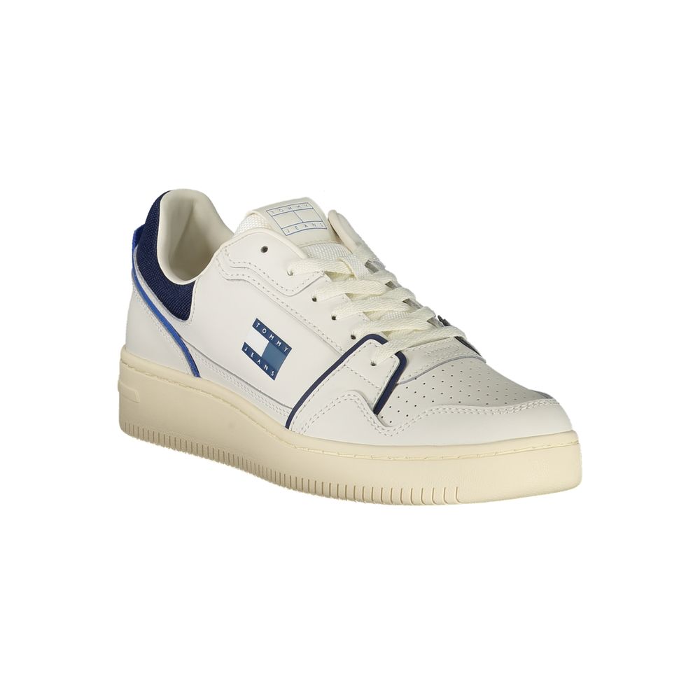 Sneakers by Tommy Hilfiger for men in polyester polyurethane leather blue & white presents a sumptuous silhouette, artfully capturing the essence of the Men's Fashion Polyester Polyurethane Leather Sneakers with its sumptuous fashion style design.