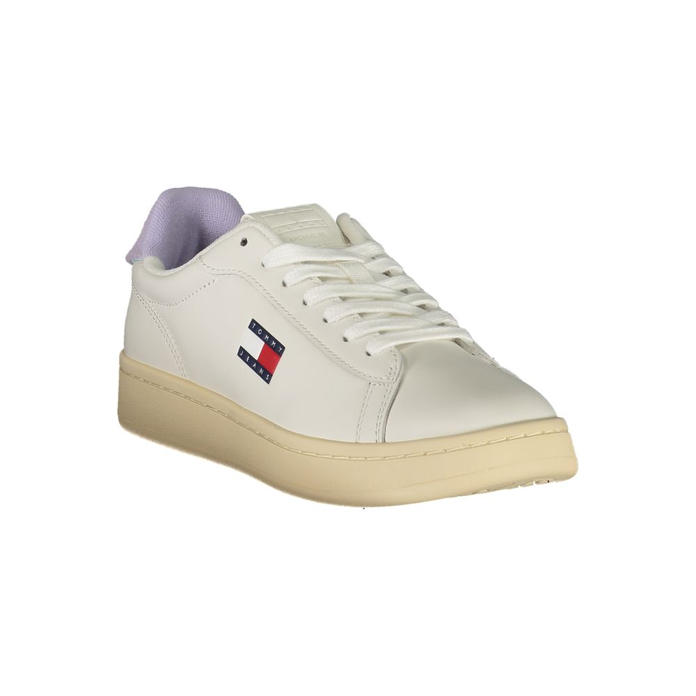 Sneakers by Tommy Hilfiger for women in polyester polyurethane nappa leather white & signature features an sumptuous design from the Ecru Women's Tennis Polyester Polyurethane Nappa Leather Sneakers collection, highlighting a sumptuous tennis style for a premium, high-fashion look.