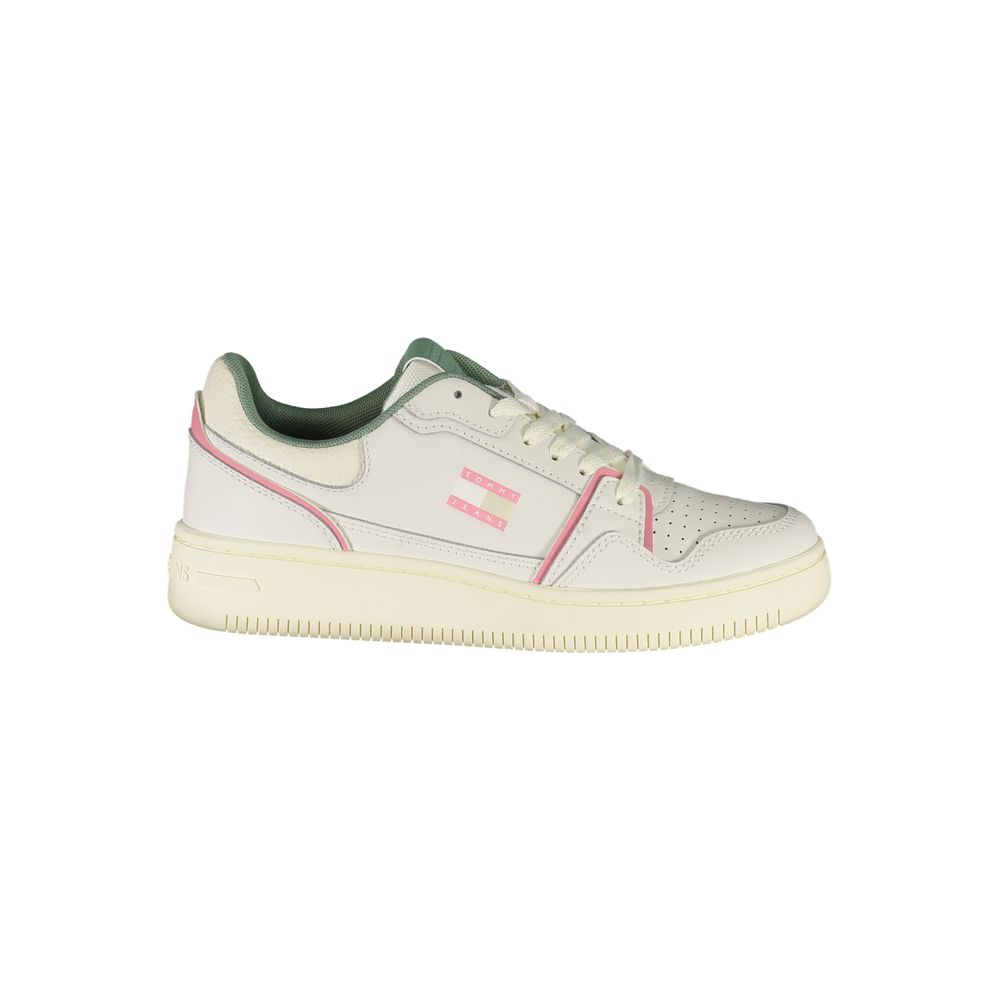 Sneakers by Tommy Hilfiger for women in polyester polyurethane leather green, pink, white & print presents a sumptuous silhouette as Women's Fashion Polyester Polyurethane Leather Sneakers, expertly defined by a sumptuous fashion style for a sumptuous, high-fashion look.