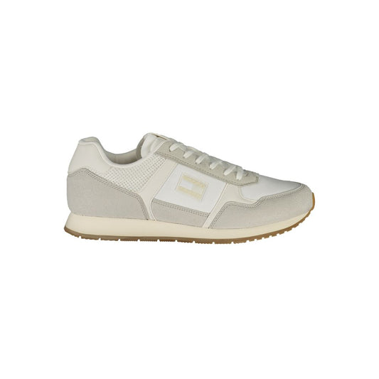 Athletic Sneakers by Tommy Hilfiger for men in polyester & polyethylene white & signature features an architectural silhouette from the Men's Athletic Polyester & Polyethylene Sneakers collection, showcasing a architectural athletic style for a architectural look.
