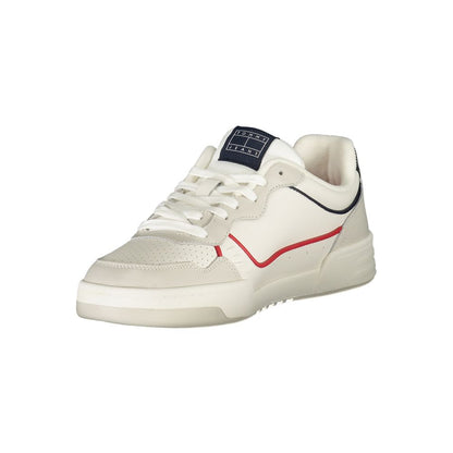 Sneakers by Tommy Hilfiger for men in nappa leather beige & white presents a sumptuous silhouette, artfully capturing the essence of the Men's Low-Top Nappa Leather Sneakers with its sumptuous low-top style design.
