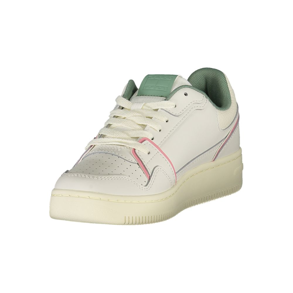 Sneakers by Tommy Hilfiger for women in polyester polyurethane leather green, pink, white & print presents a sumptuous silhouette as Women's Fashion Polyester Polyurethane Leather Sneakers, expertly defined by a sumptuous fashion style for a sumptuous, high-fashion look.