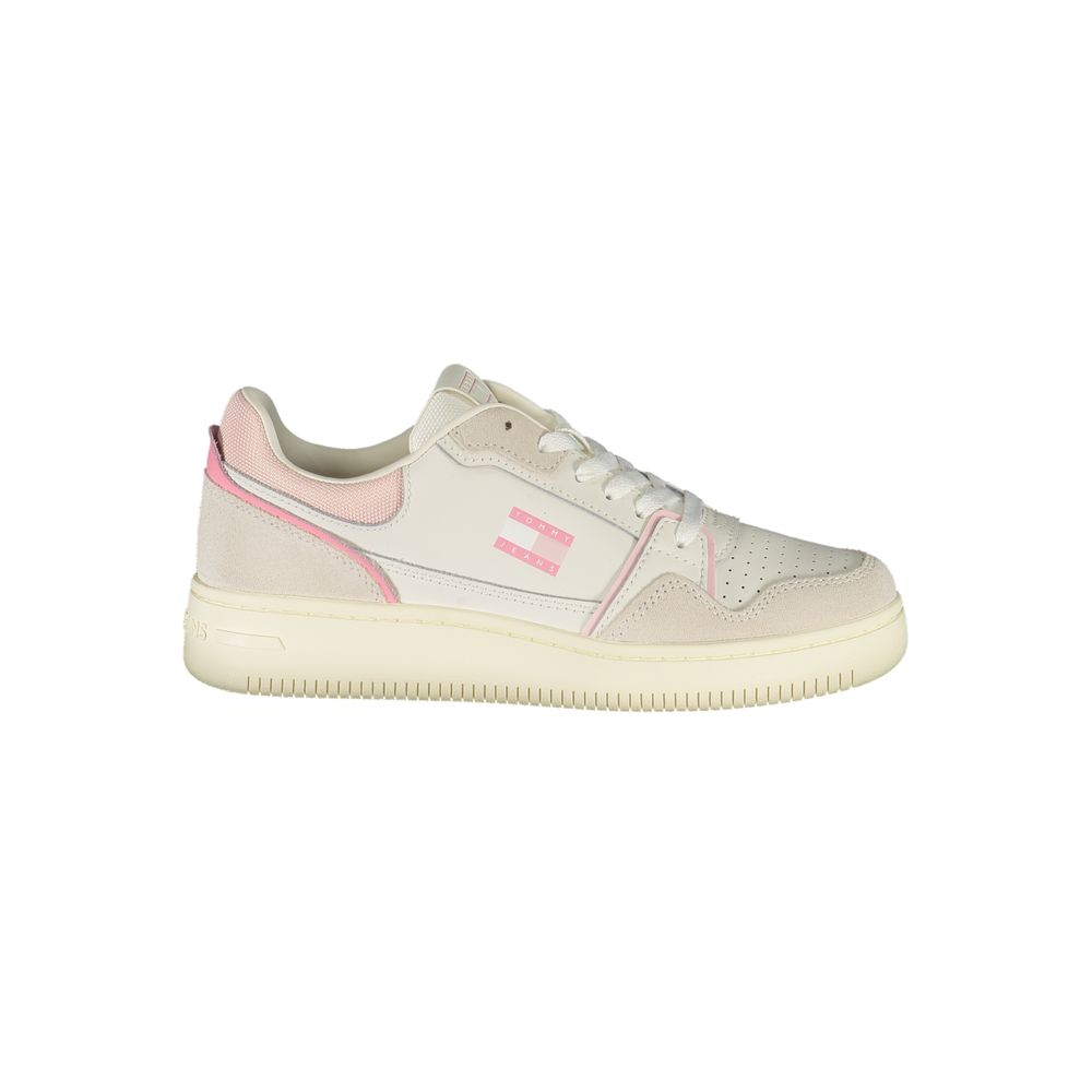 Athletic Sneakers by Tommy Hilfiger for women in polyester polyethylene leather pink & white showcases a architectural silhouette, artfully capturing the essence of the Crisp Women's Athletic Polyester Polyethylene Leather Sneakers with its signature architectural athletic style construction.