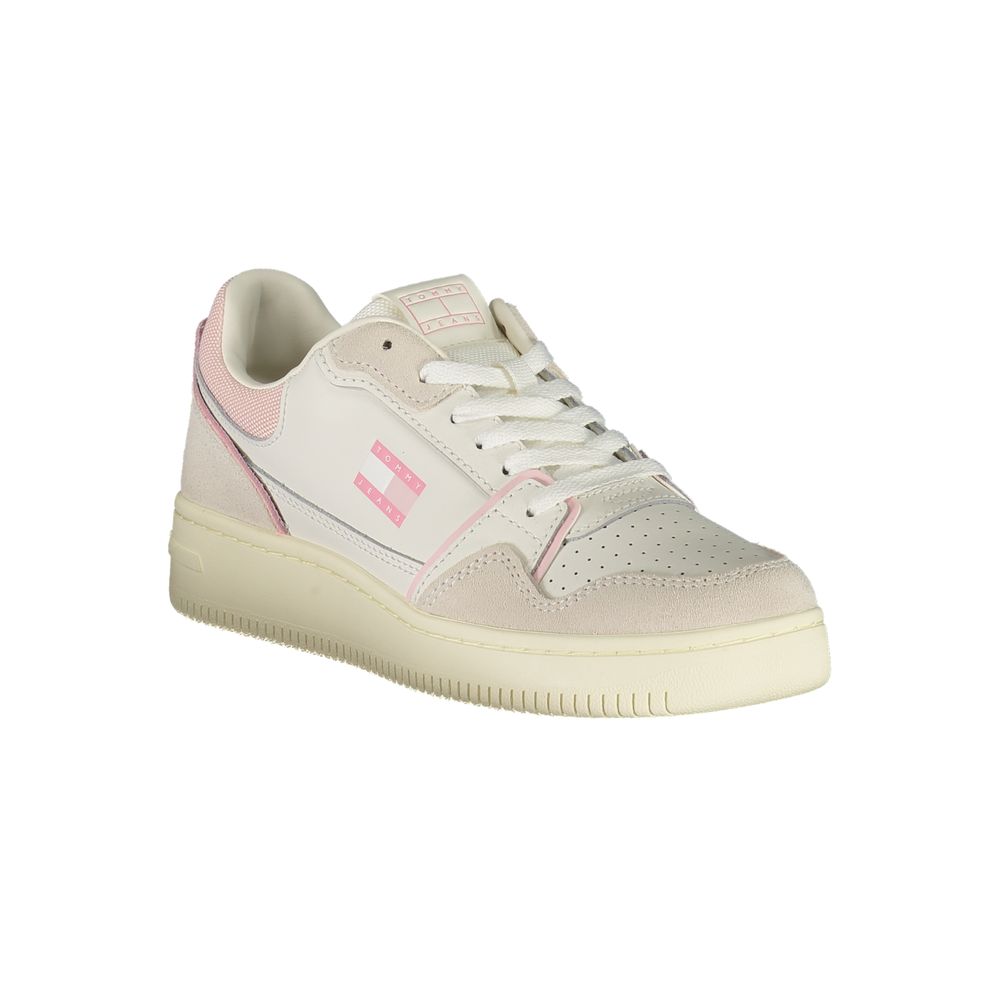 Athletic Sneakers by Tommy Hilfiger for women in polyester polyethylene leather pink & white features an stately silhouette, showcasing the signature athletic style of the Crisp Women's Athletic Polyester Polyethylene Leather Sneakers collection with a truly stately finish.