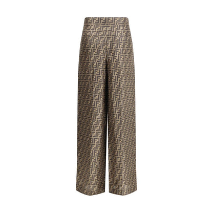Palazzo Pants by Fendi for women in silk brown, patterned & monogram features an sartorial straight, regular-fit & wide and long with a high rise cut for a sartorial finish.
