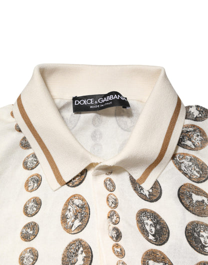 Dolce & Gabbana Silk Ivory Coin Print Logo Men Polo T-shirt