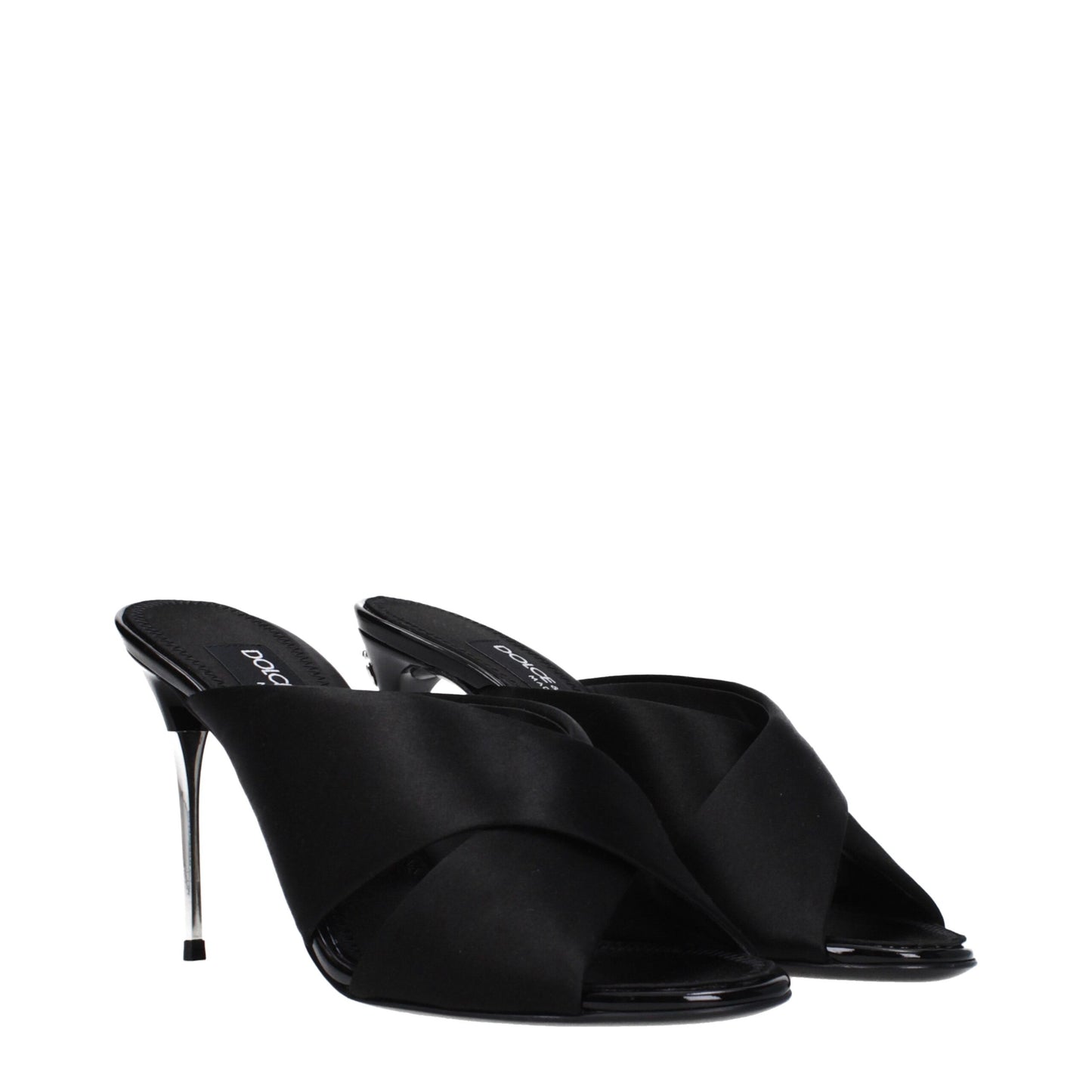 High-Heel Stiletto Sandals by Dolce & Gabbana for women in leather & satin and black presents a captivating silhouette, showcasing the signature style of the Women's Leather & Satin High-Heel Stiletto Sandals with a captivating stiletto high-heel 9-5-cm-heel and captivating open toe style.