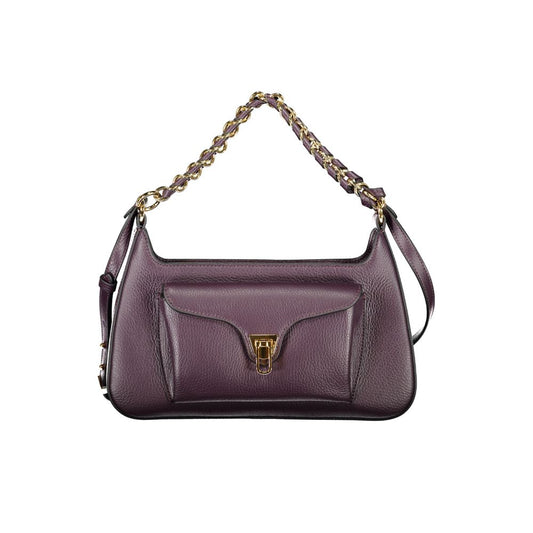 Medium 2-in-1 Shoulder & Crossbody Flap Handbag by Coccinelle for women in grained leather gold, purple & signature presents a ornamental silhouette, showcasing a secure flap, zipper & clasp, ample external-pockets, and versatile crossbody-strap, shoulder-strap, adjustable-strap, detachable-strap & handle for a ornamental finish.