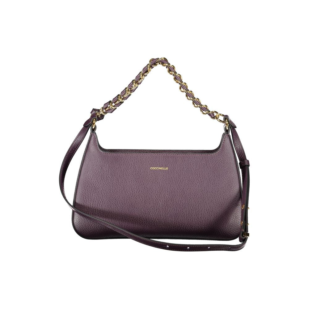 Medium 2-in-1 Shoulder & Crossbody Flap Handbag by Coccinelle for women in grained leather gold, purple & signature features a exquisite silhouette, showcasing a secure flap, zipper & clasp and exquisite external-pockets with versatile crossbody-strap, shoulder-strap, adjustable-strap, detachable-strap & handle for a exquisite finish.