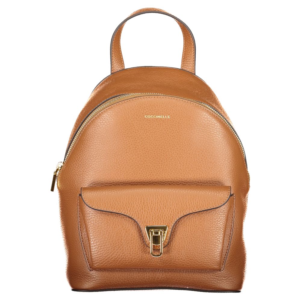 Backpack by Coccinelle for women in leather brown, signature-print & print showcases an architectural Beat Generation Leather Backpack design, featuring a secure zipper, ample external-pockets & internal-pockets, and architectural handle, backpack-strap & adjustable-strap for a sophisticated look.