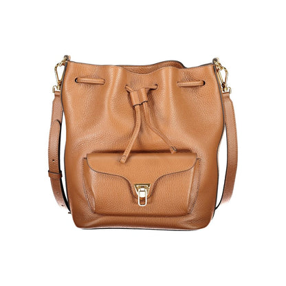 Medium Crossbody Bucket Handbag by Coccinelle for women in grained leather brown & gold features a refined silhouette, showcasing a secure flap, drawstring & clasp, organized external-pockets, and versatile crossbody-strap, shoulder-strap, adjustable-strap, detachable-strap & handle for a refined finish.