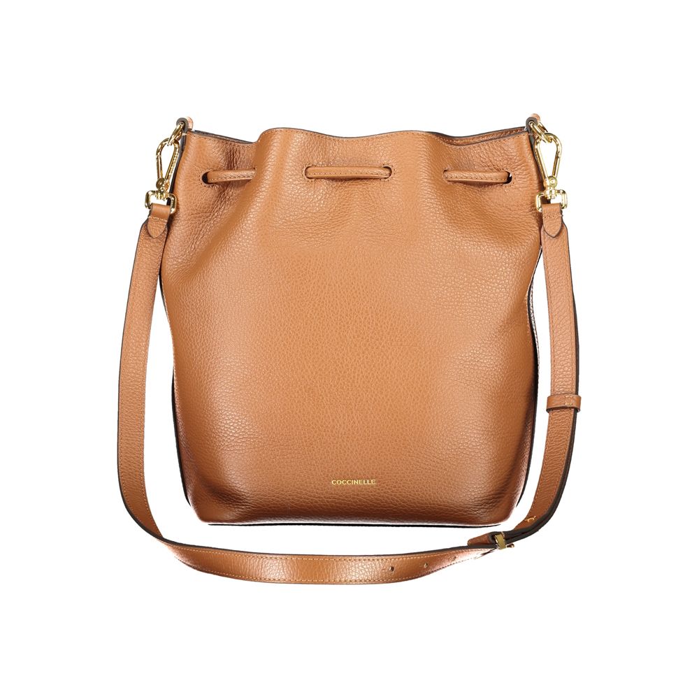 Medium Crossbody Bucket Handbag by Coccinelle for women in grained leather brown & gold features a exquisite silhouette, showcasing a secure flap, drawstring & clasp and exquisite external-pockets with versatile crossbody-strap, shoulder-strap, adjustable-strap, detachable-strap & handle for a exquisite finish.
