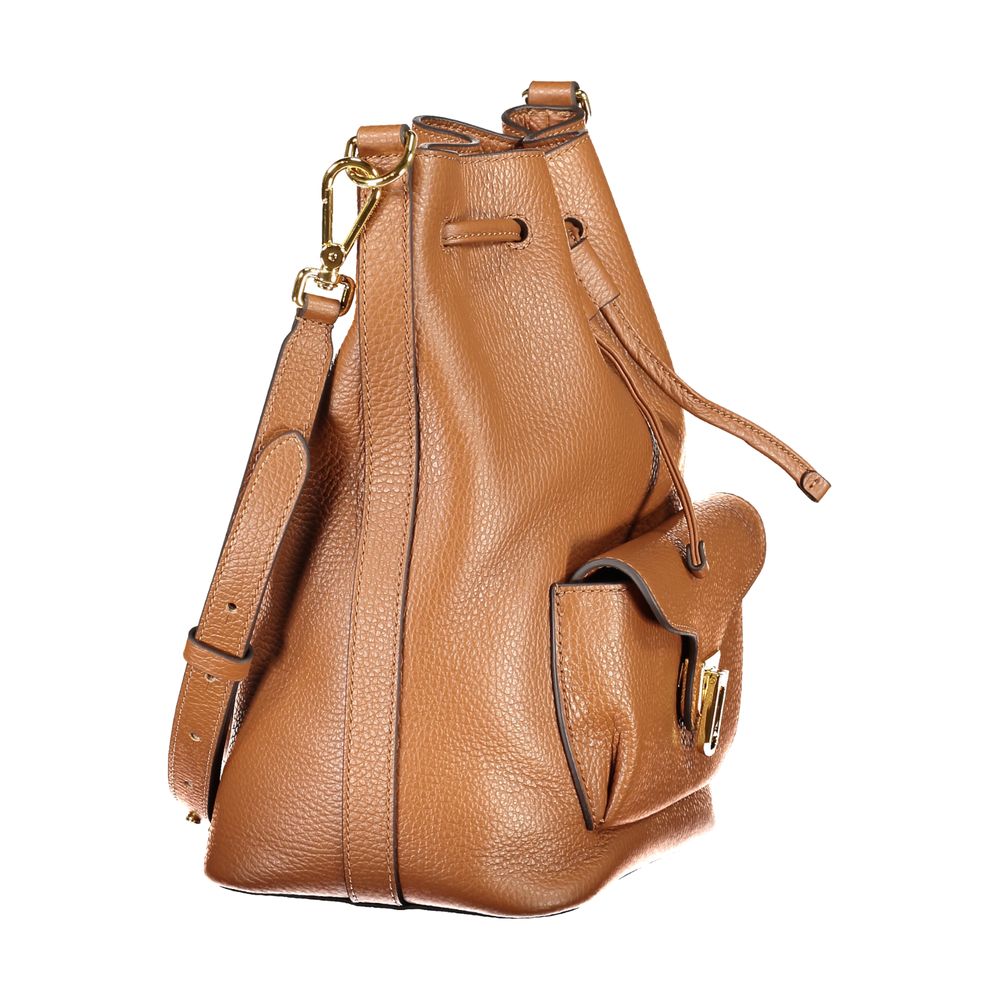 Medium Crossbody Bucket Handbag by Coccinelle for women in grained leather brown & gold presents a ornamental silhouette, showcasing a secure flap, drawstring & clasp, ample external-pockets, and versatile crossbody-strap, shoulder-strap, adjustable-strap, detachable-strap & handle for a ornamental finish.
