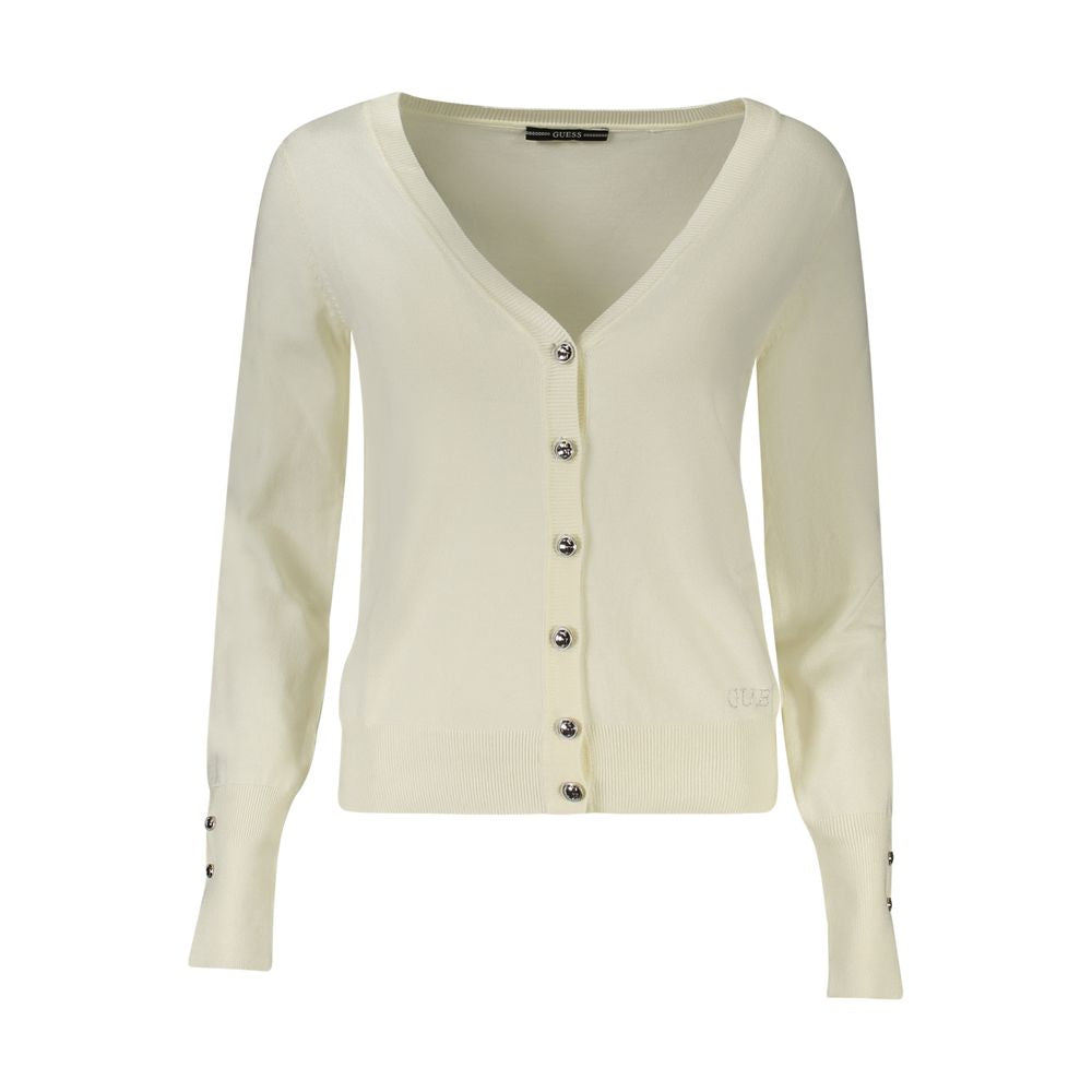 Cardigan by Guess Jeans for women in viscose & polyamide white showcases a luxurious silhouette, meticulously detailed with a sophisticated v-neck neckline and for a refined finish.