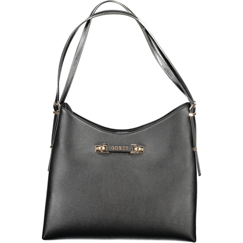 Large Shoulder Hobo Handbag by Guess Jeans for women in polyethylene black & gold features an refined silhouette, showcasing a secure magnetic, ample built-in-compartments, laptop-compartment & cardholder, and versatile shoulder-strap for a sophisticated refined aesthetic.