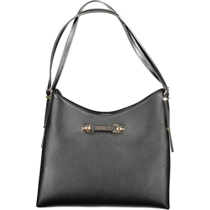 Large Shoulder Hobo Handbag by Guess Jeans for women in polyethylene black & gold features an refined silhouette, showcasing a secure magnetic, ample built-in-compartments, laptop-compartment & cardholder, and versatile shoulder-strap for a sophisticated refined aesthetic.