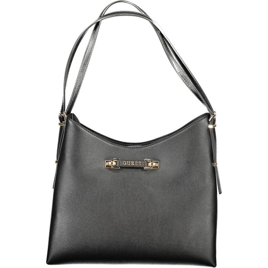 Large Shoulder Hobo Handbag by Guess Jeans for women in polyethylene black & gold features an refined silhouette, showcasing a secure magnetic, ample built-in-compartments, laptop-compartment & cardholder, and versatile shoulder-strap for a sophisticated refined aesthetic.