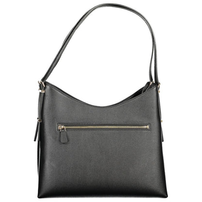 Large Shoulder Hobo Handbag by Guess Jeans for women in polyethylene black & gold features a refined silhouette, showcasing a secure magnetic, organized built-in-compartments, laptop-compartment & cardholder, and versatile shoulder-strap for a refined finish.