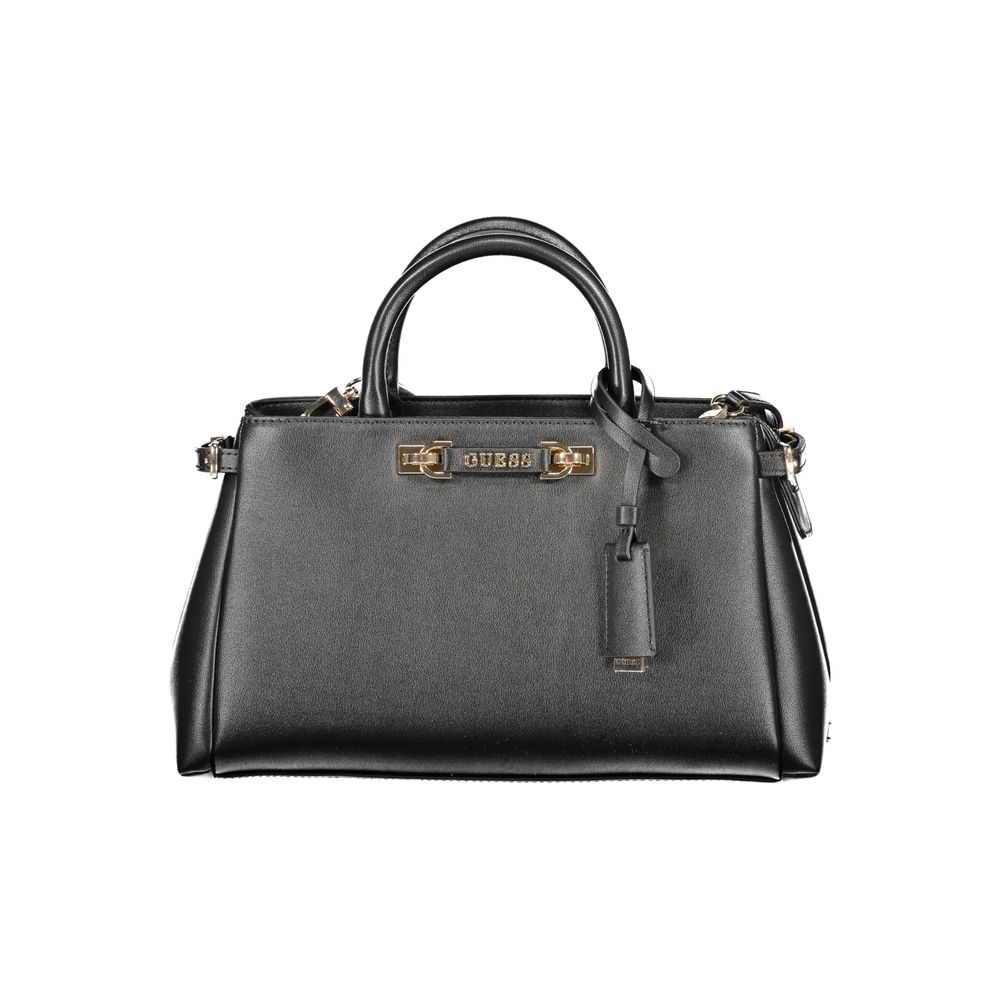 Crossbody Satchel Handbag by Guess Jeans for women in polyethylene & polyurethane black & gold features a signature silhouette, showcasing a secure zipper and signature with versatile crossbody-strap & adjustable-strap for a sophisticated look.