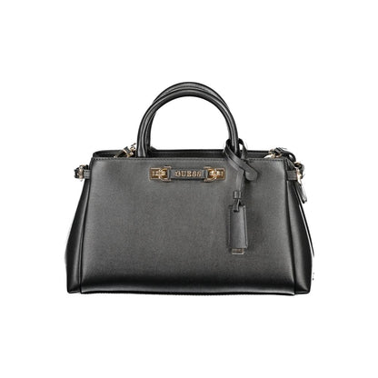Crossbody Satchel Handbag by Guess Jeans for women in polyethylene & polyurethane black & gold features a signature silhouette, showcasing a secure zipper and signature with versatile crossbody-strap & adjustable-strap for a sophisticated look.