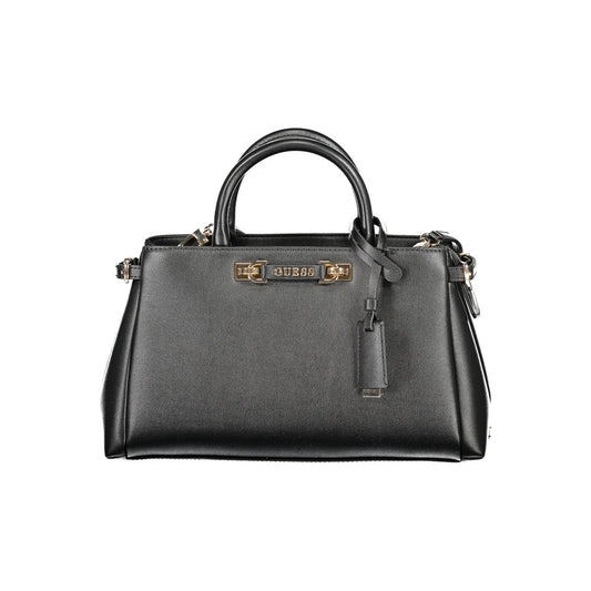 Crossbody Satchel Handbag by Guess Jeans for women in polyethylene & polyurethane black & gold features a signature silhouette, showcasing a secure zipper and signature with versatile crossbody-strap & adjustable-strap for a sophisticated look.