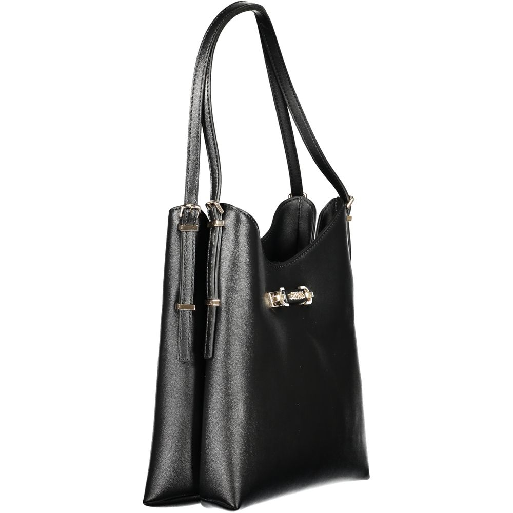 Large Shoulder Hobo Handbag by Guess Jeans for women in polyethylene black & gold presents a ornamental silhouette, showcasing a secure magnetic, ample built-in-compartments, laptop-compartment & cardholder, and versatile shoulder-strap for a ornamental finish.