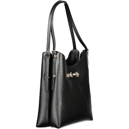 Large Shoulder Hobo Handbag by Guess Jeans for women in polyethylene black & gold presents a ornamental silhouette, showcasing a secure magnetic, ample built-in-compartments, laptop-compartment & cardholder, and versatile shoulder-strap for a ornamental finish.