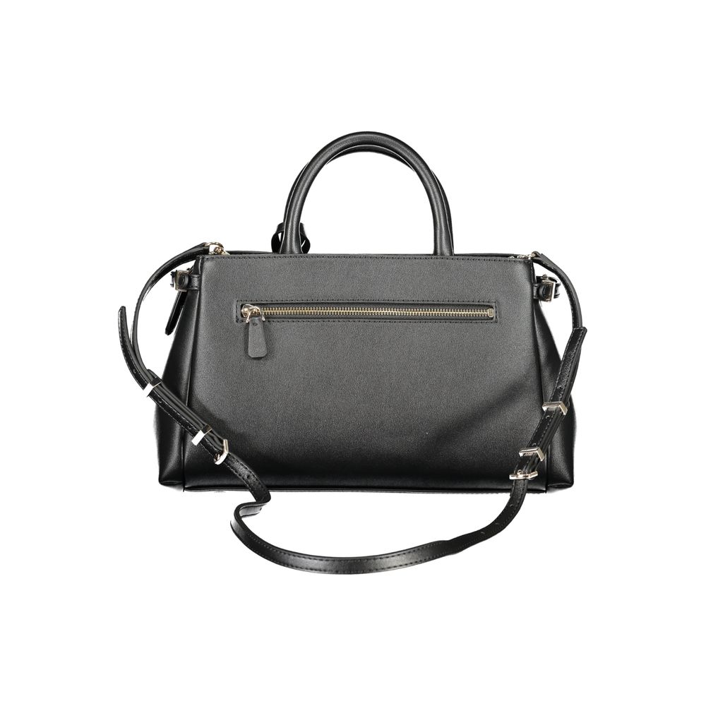 This Crossbody Satchel Handbag by Guess Jeans for women in polyethylene & polyurethane and black & gold presents a sculptural silhouette featuring a secure zipper, ample , and versatile crossbody-strap & adjustable-strap for a sculptural finish.