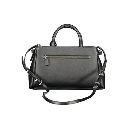 This Crossbody Satchel Handbag by Guess Jeans for women in polyethylene & polyurethane and black & gold presents a sculptural silhouette featuring a secure zipper, ample , and versatile crossbody-strap & adjustable-strap for a sculptural finish.