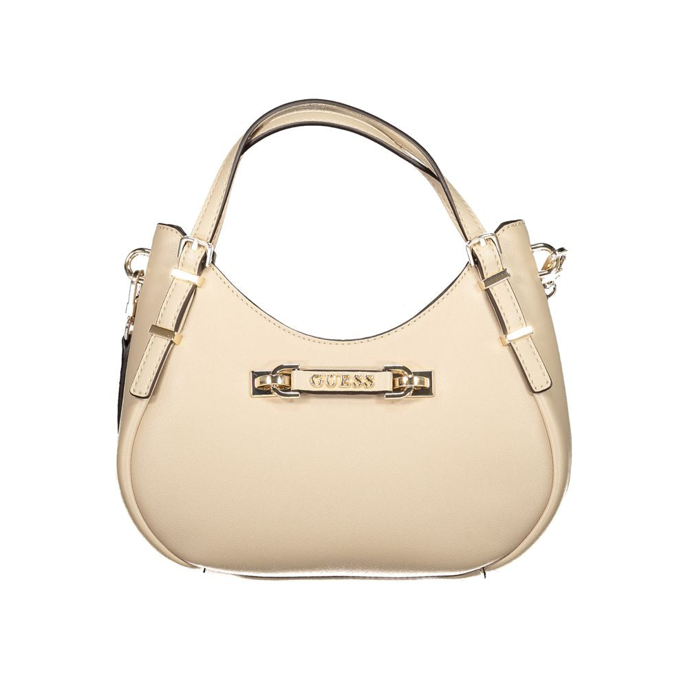 Small Satchel Handbag by Guess Jeans for women in polyethylene & polyurethane beige features an refined silhouette, showcasing a secure zipper, ample built-in-compartments & cardholder, and versatile shoulder-strap, handle & adjustable-strap for a sophisticated refined aesthetic.