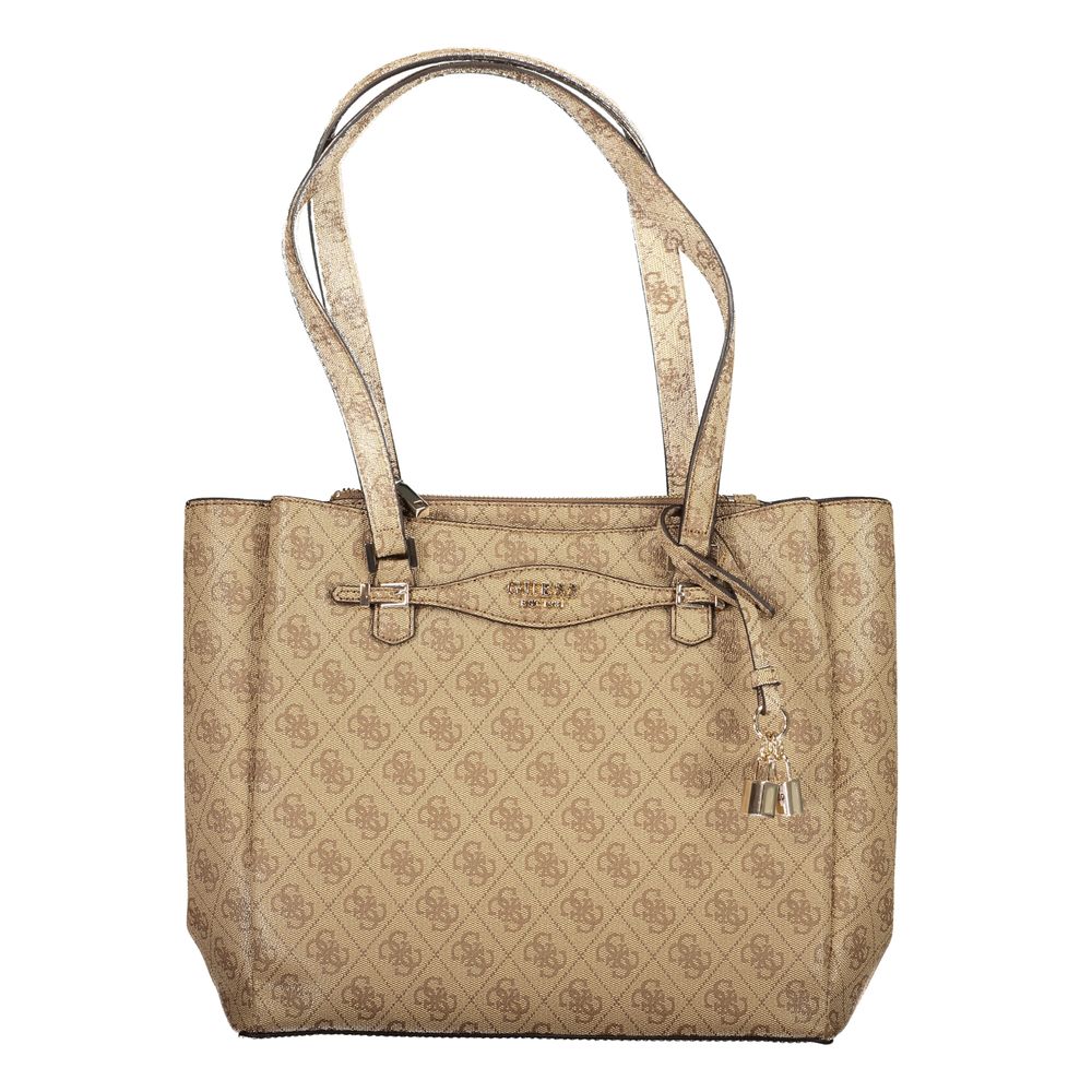 Satchel Tote Handbag by Guess Jeans for women in polyethylene & polyurethane beige, gold, patterned & signature features a exquisite silhouette, showcasing a secure snap, zipper & magnetic and exquisite with versatile for a exquisite finish.
