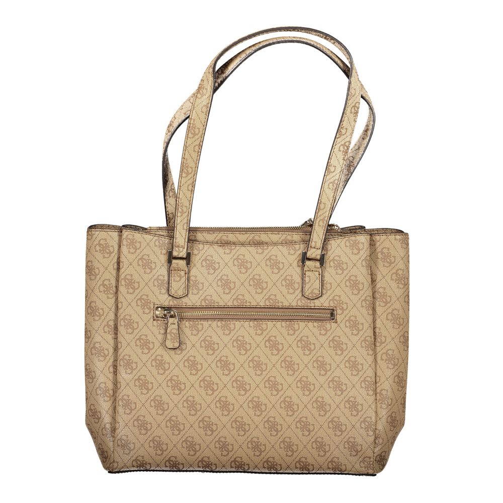Satchel Tote Handbag by Guess Jeans for women in polyethylene & polyurethane beige, gold, patterned & signature features a refined silhouette, showcasing a secure snap, zipper & magnetic, organized , and versatile for a refined finish.