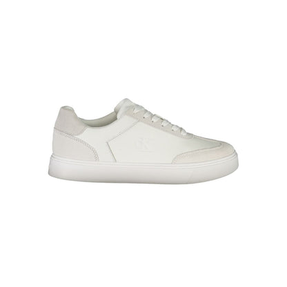 Sneakers by Calvin Klein for men in polyester polyurethane leather white & print presents a sumptuous silhouette, artfully capturing the essence of the Men's Fashion Polyester Polyurethane Leather Sneakers with its sumptuous fashion style design.