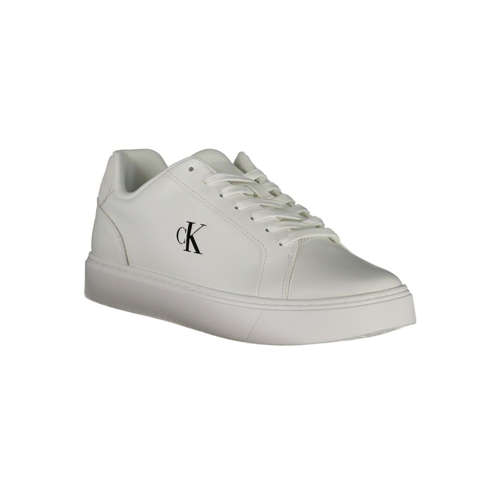 Sneakers by Calvin Klein for men in polyester polyurethane leather white presents a sumptuous silhouette, artfully capturing the essence of the Men's Fashion Polyester Polyurethane Leather Sneakers with its sumptuous fashion style design.