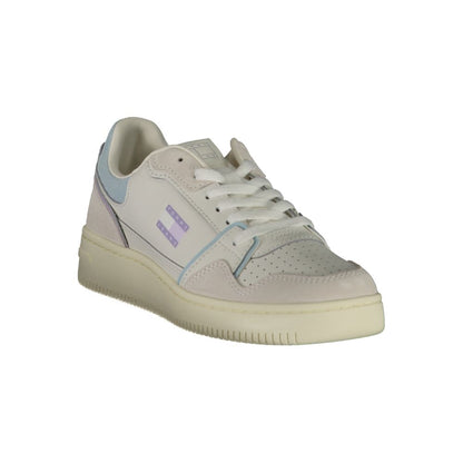 Sneakers by Tommy Hilfiger for women in polyester polyethylene leather blue & white presents a sumptuous silhouette, artfully capturing the essence of the Women's Low-Top Polyester Polyethylene Leather Sneakers with its sumptuous low-top style design.