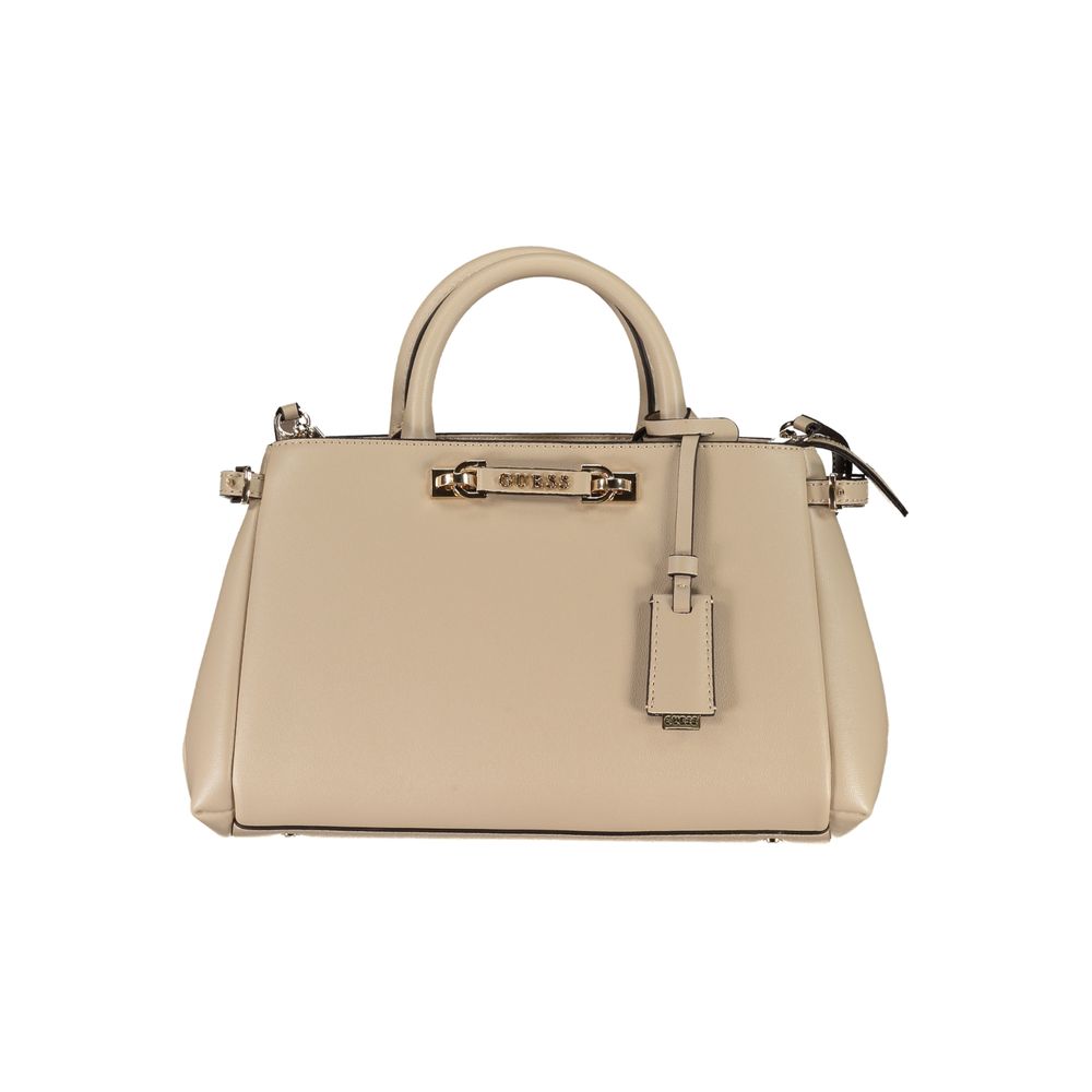 Compact Box Satchel Handbag by Guess Jeans for women in polyethylene & polyurethane beige & gold features a exquisite silhouette, showcasing a secure zipper & magnetic and exquisite built-in-compartments with versatile shoulder-strap, handle & adjustable-strap for a exquisite finish.