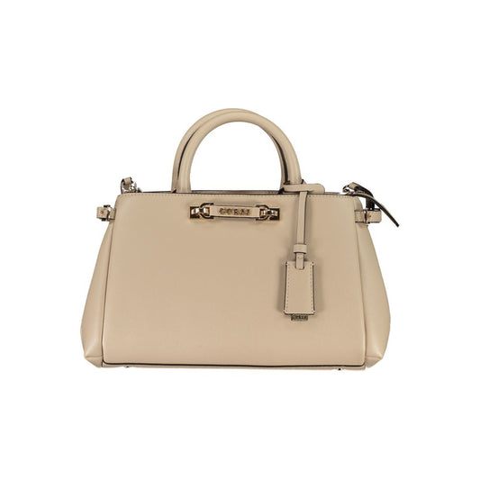 Compact Box Satchel Handbag by Guess Jeans for women in polyethylene & polyurethane beige & gold features a exquisite silhouette, showcasing a secure zipper & magnetic and exquisite built-in-compartments with versatile shoulder-strap, handle & adjustable-strap for a exquisite finish.