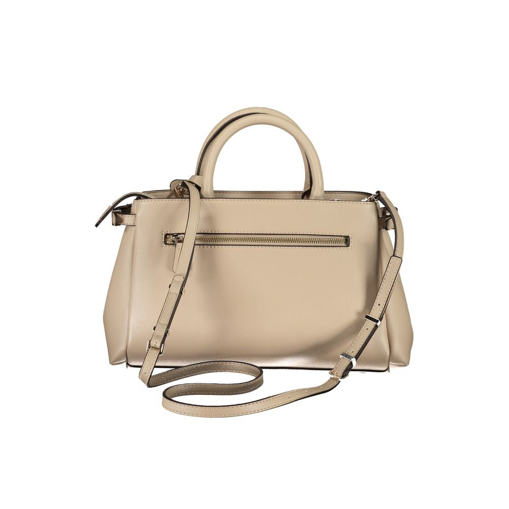 Compact Box Satchel Handbag by Guess Jeans for women in polyethylene & polyurethane beige & gold features a signature silhouette, showcasing a secure zipper & magnetic and signature built-in-compartments with versatile shoulder-strap, handle & adjustable-strap for a sophisticated look.