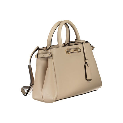 Compact Box Satchel Handbag by Guess Jeans for women in polyethylene & polyurethane beige & gold features a refined silhouette, showcasing a secure zipper & magnetic, organized built-in-compartments, and versatile shoulder-strap, handle & adjustable-strap for a refined finish.