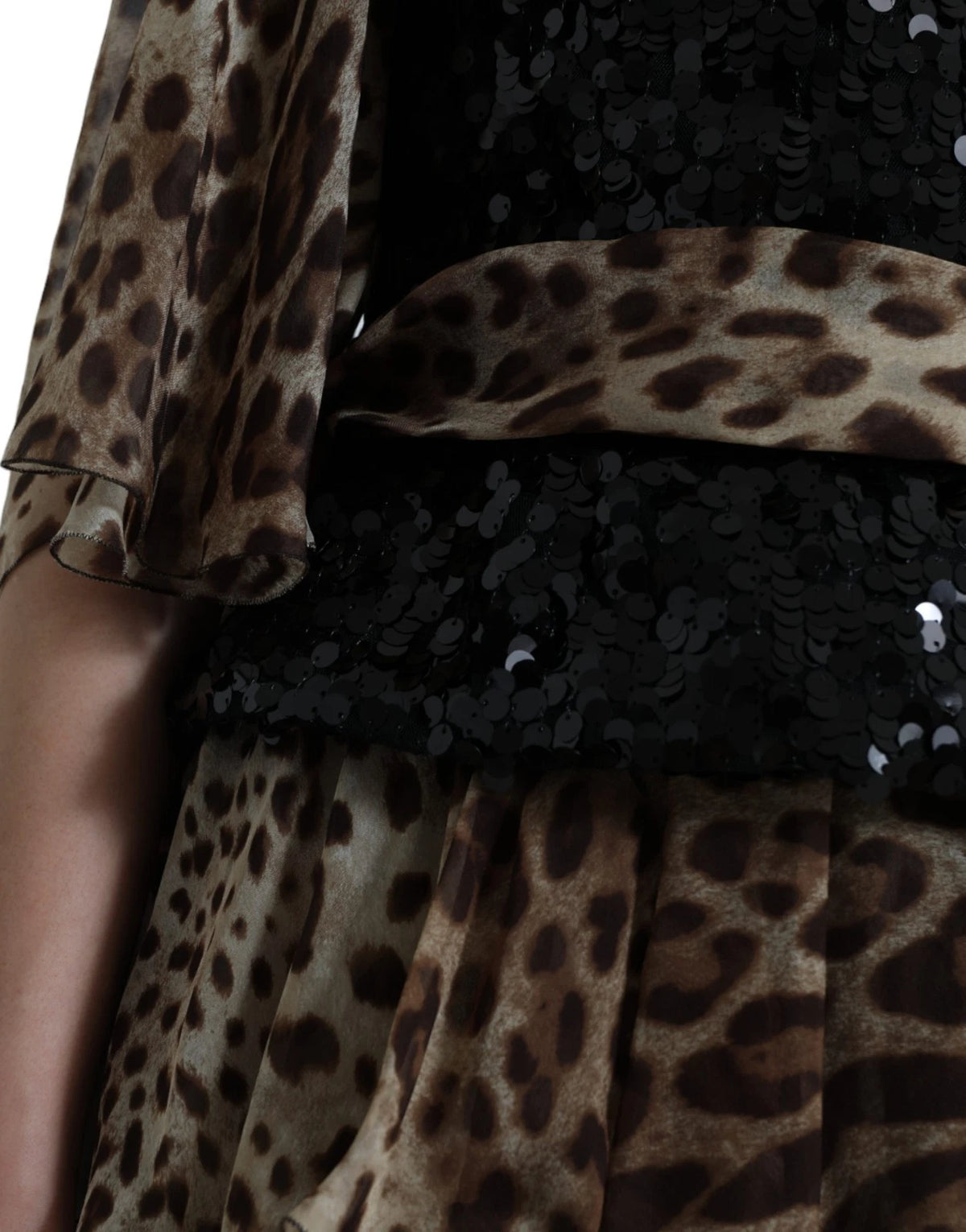 Dolce & Gabbana Women's Gown Cocktail Short-Sleeve Cotton Nylon Silk & Sequins Maxi Long Dress - Black Brown Leopard Print Patterned Print