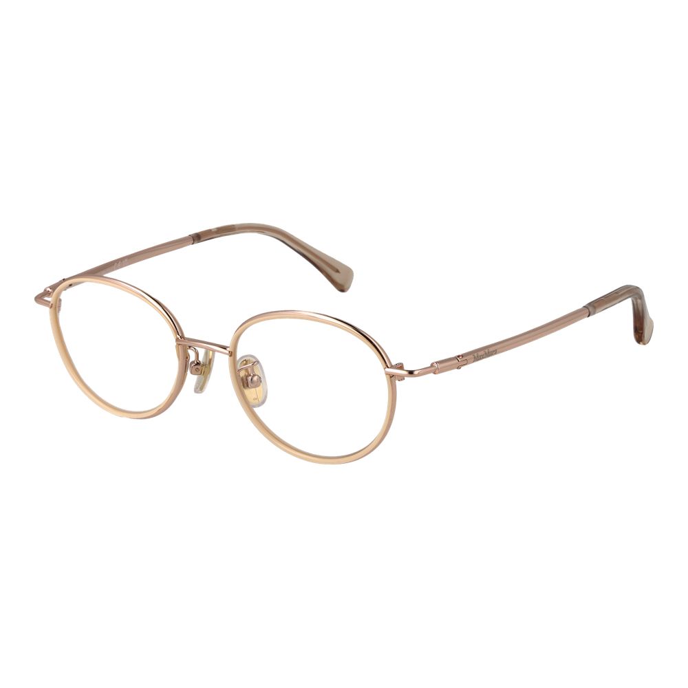 Eyeglasses Frames by Max Mara for women in metal rose-gold showcases a reflective silhouette, artfully incorporating a sophisticated rose-gold coloured frame with a distinct full-frame frame design.