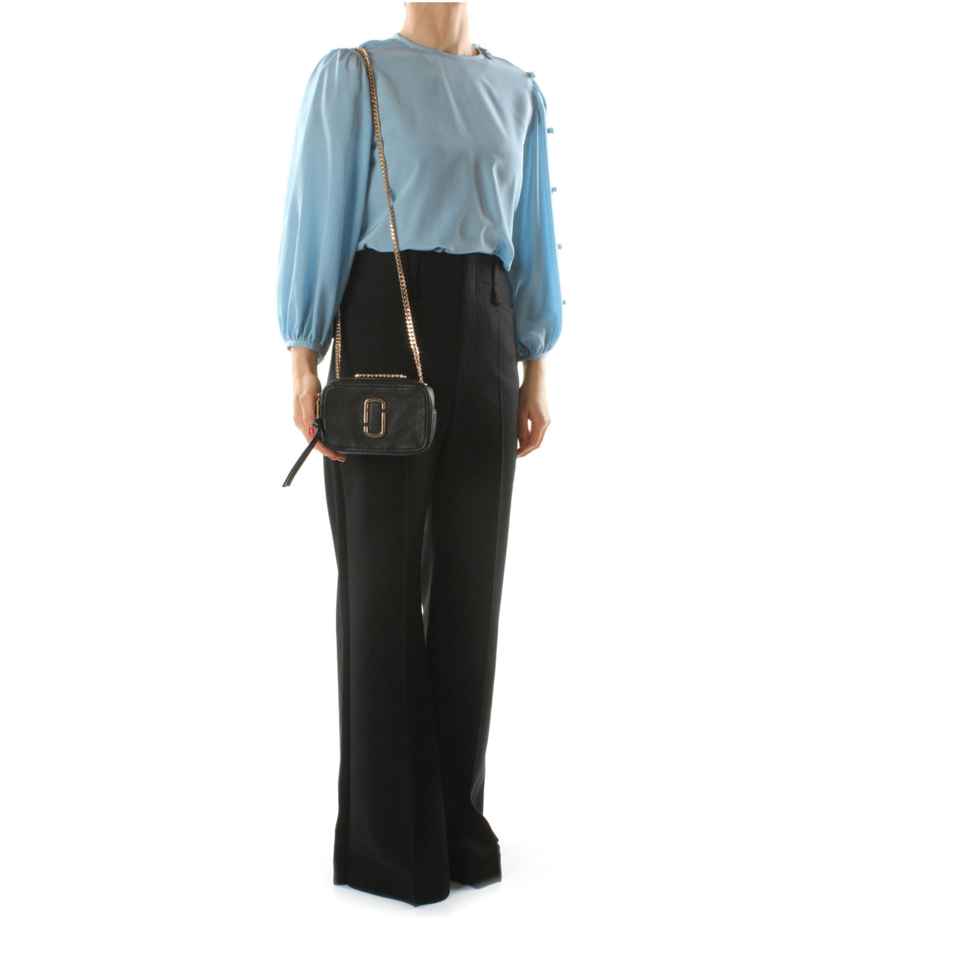 Small Crossbody Handbag by Marc Jacobs for women in leather black & gold features a versatile chic silhouette, meticulously detailed with a secure zipper, ample external-pockets, and versatile crossbody-strap, shoulder-strap & handle.