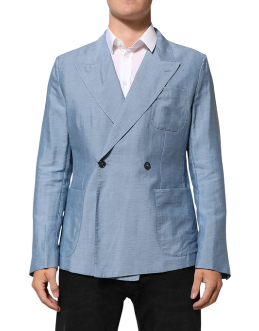 Blazer by Dolce & Gabbana for men in cotton linen & nylon light-blue features an sartorial silhouette, showcasing a sophisticated double-breasted neckline and sartorial for a truly sartorial finish.
