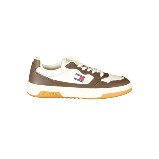 Athletic Sneakers by Tommy Hilfiger for men in polyester polyethylene leather brown & white features an stately silhouette, showcasing the signature athletic style of the Men's Athletic Polyester Polyethylene Leather Sneakers collection with a truly stately finish.